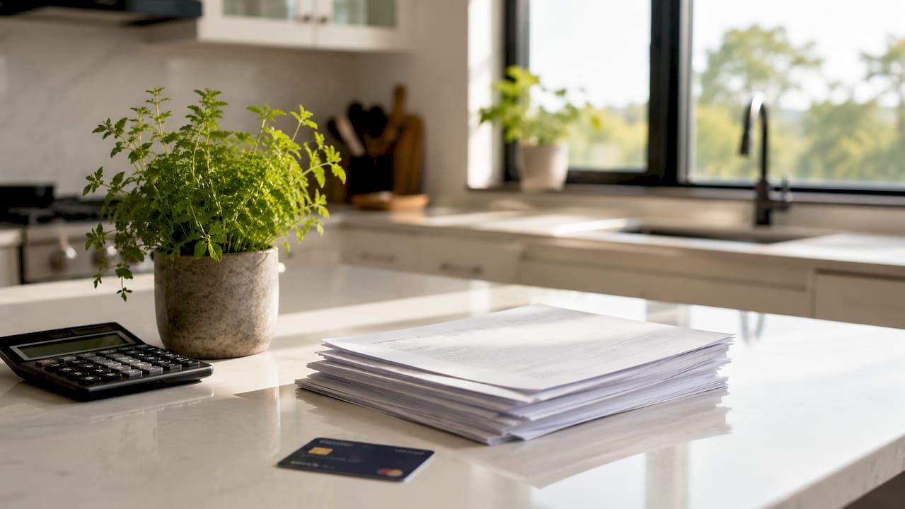 Invoice and HSA card on desk with calculator