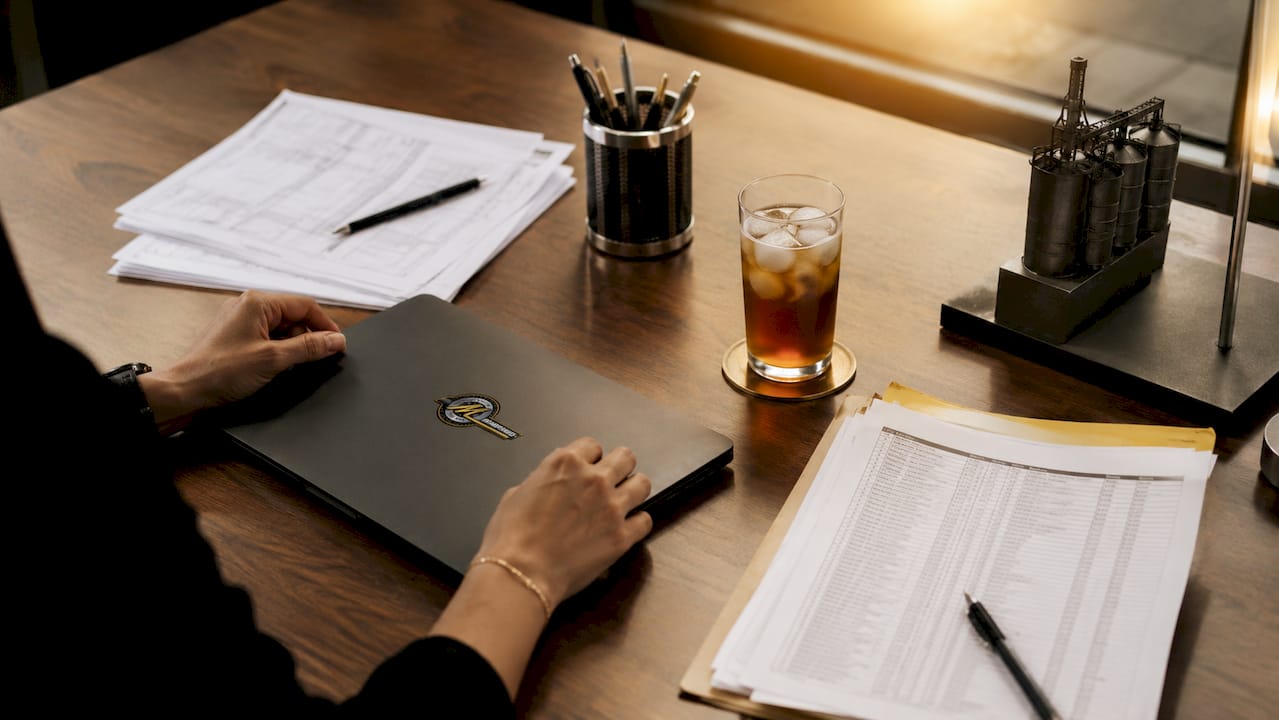 Hands typing near asset data documents