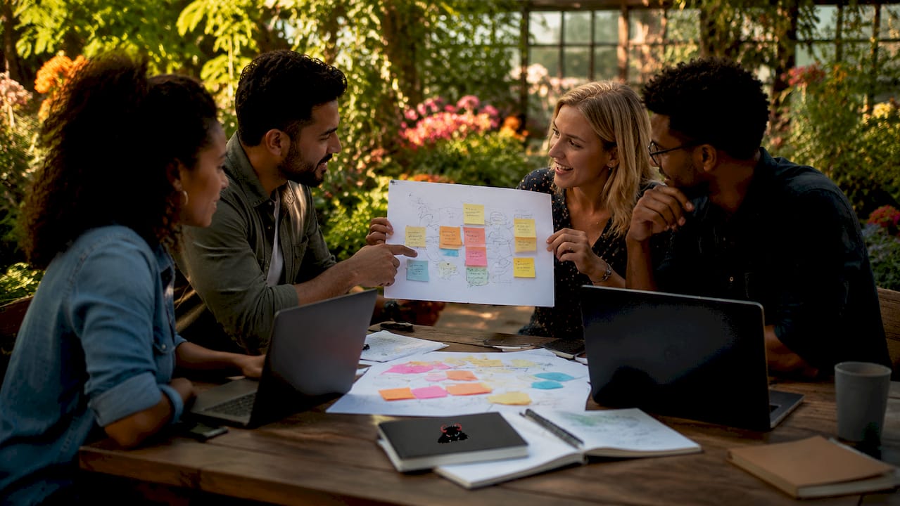Marketing team collaborating with chaotic whiteboard ideas