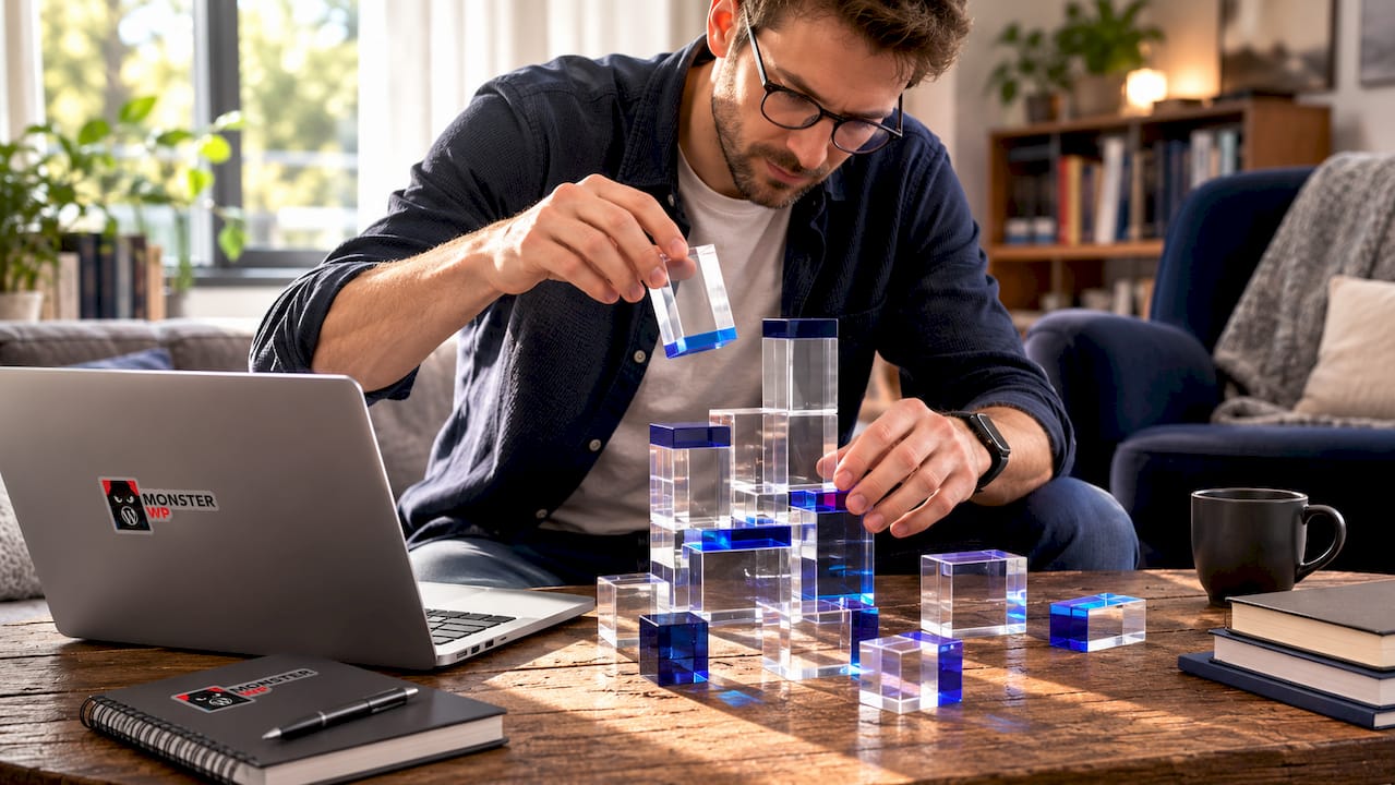 Hands assembling modular content blocks on desk