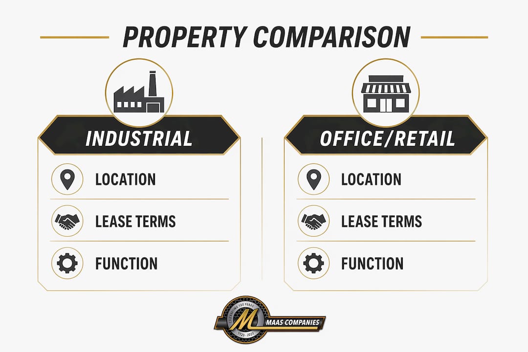 Infographic comparing industrial and commercial real estate characteristics