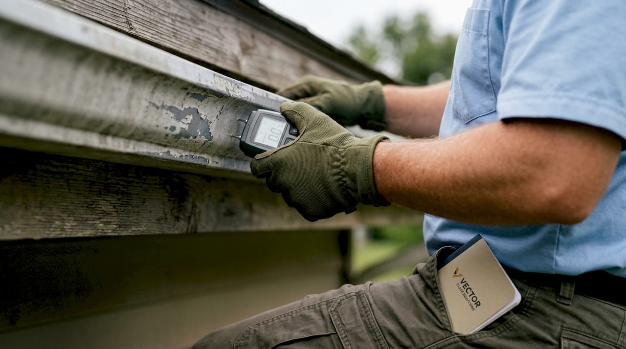 Hands inspecting storm damage on aluminum gutters