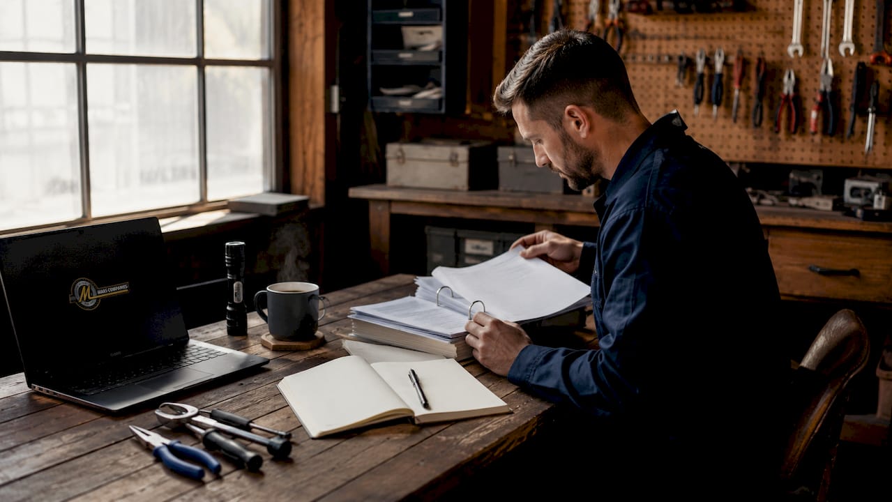 Technician reviewing maintenance logs indoors
