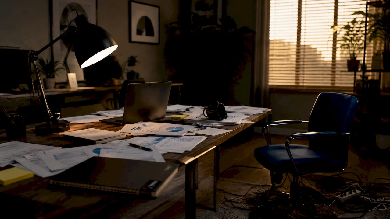 Empty agency desk showing financial paperwork