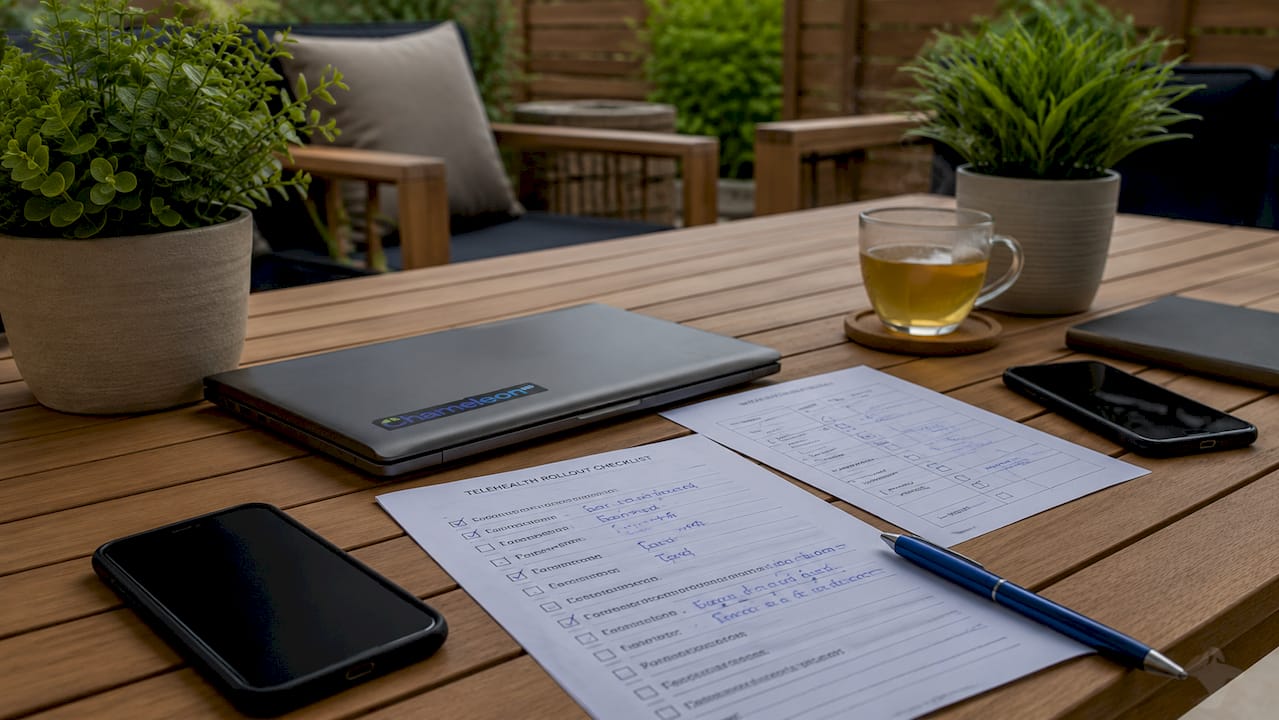 Conference table with telehealth rollout planning materials