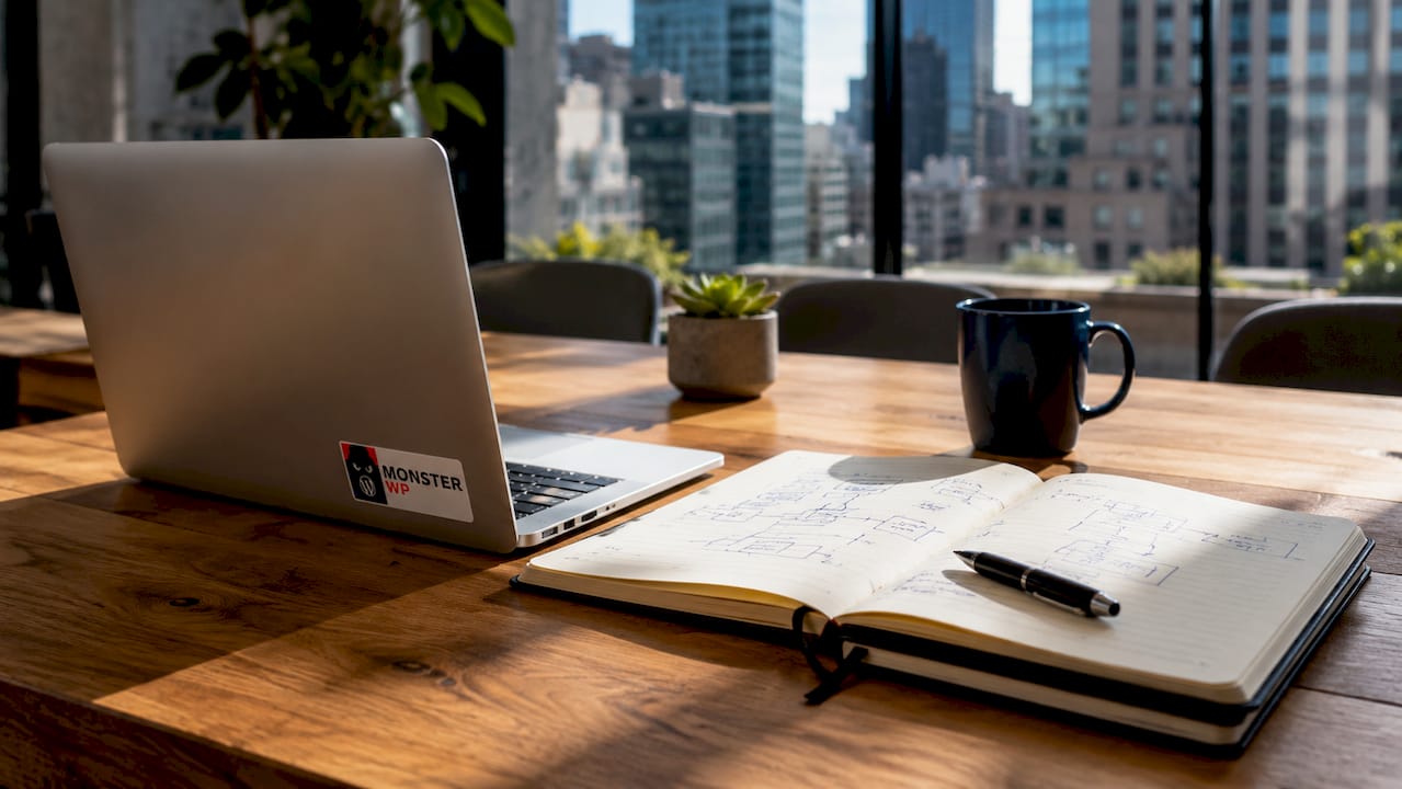 Conference table with SEO workflow devices and notes