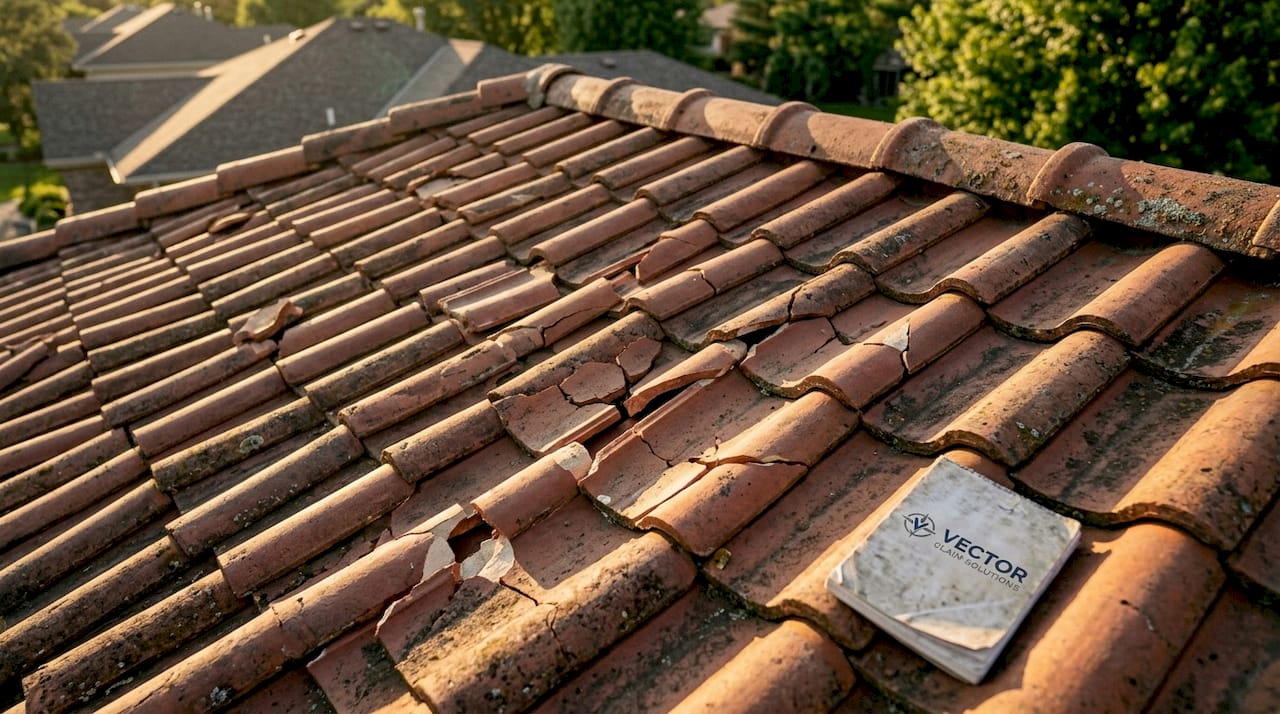 Close-up of cracked clay roof tiles from hail