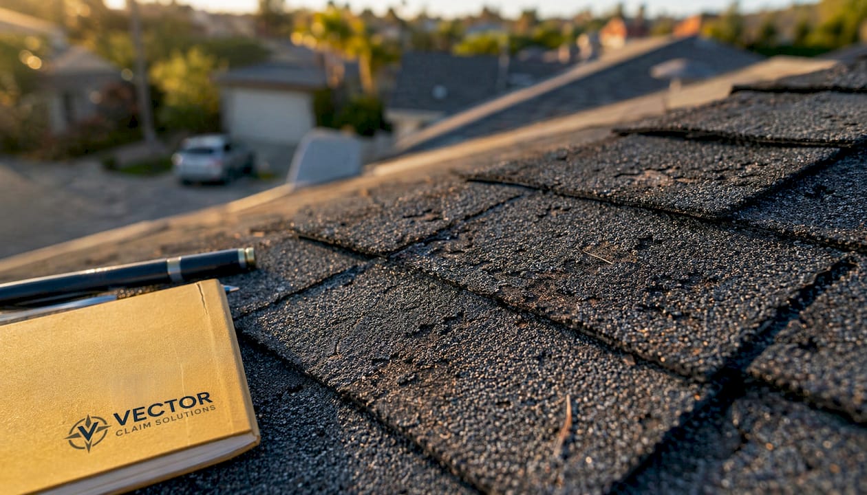 Close-up of hail damaged roof shingles