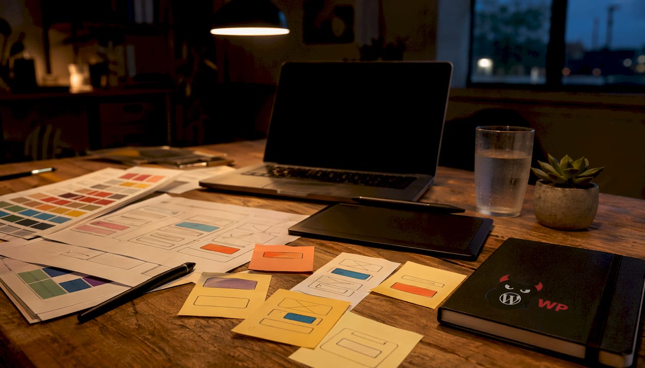 Overhead view of CTA button design workspace