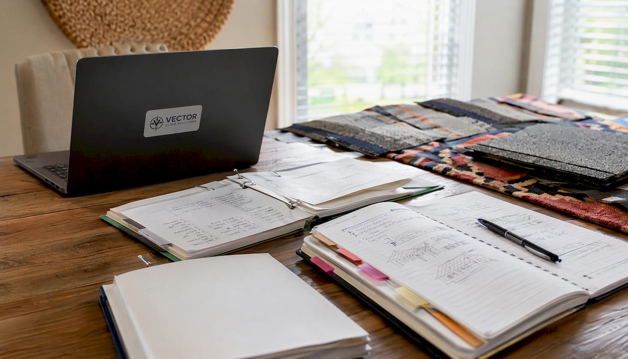 Laptop and roofing samples for estimate review