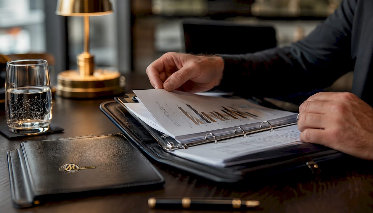 Hands reviewing property marketing binder pages