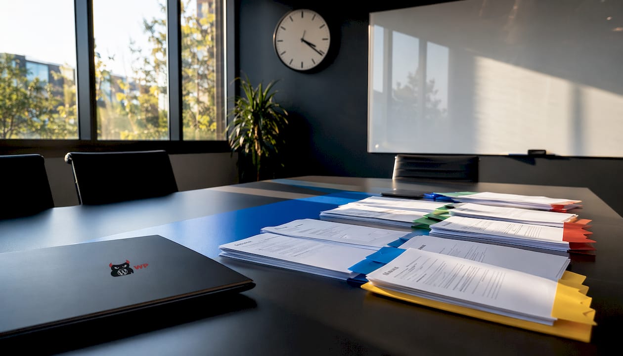 Conference table with printouts and devices in office