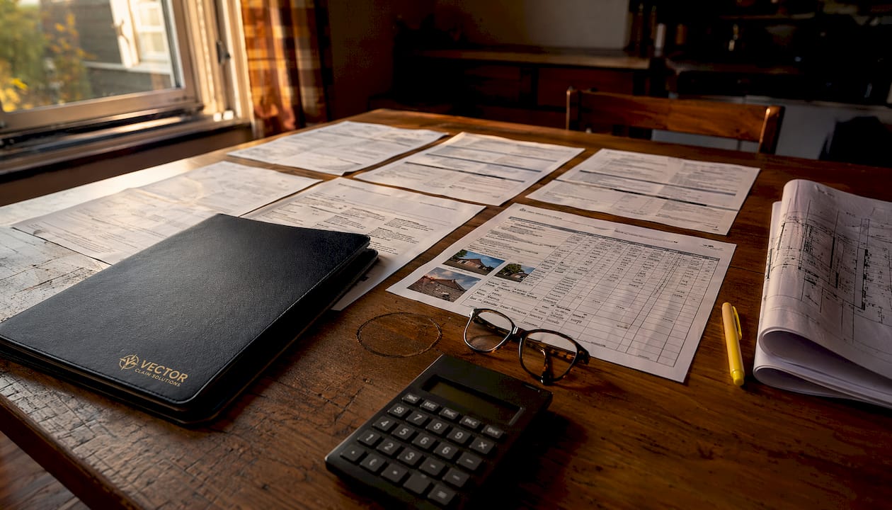 Desk with insurance repair estimate documents and calculator