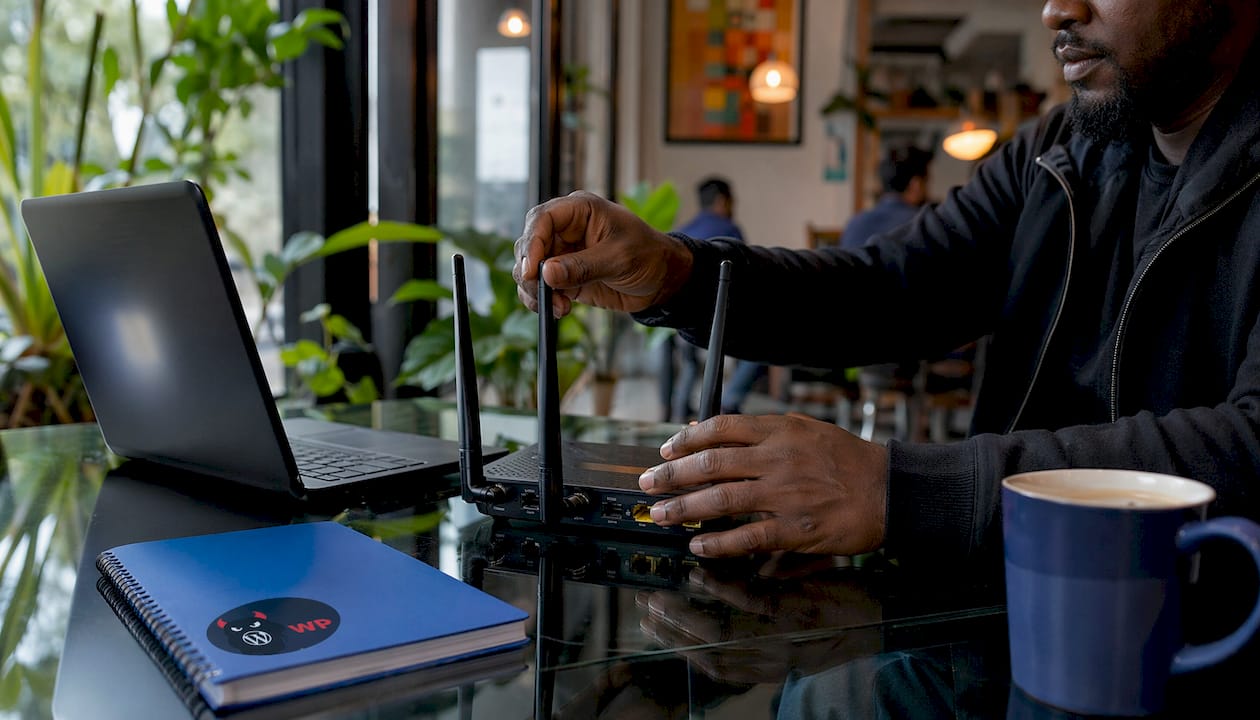 Hands adjusting email marketing router hardware on home desk
