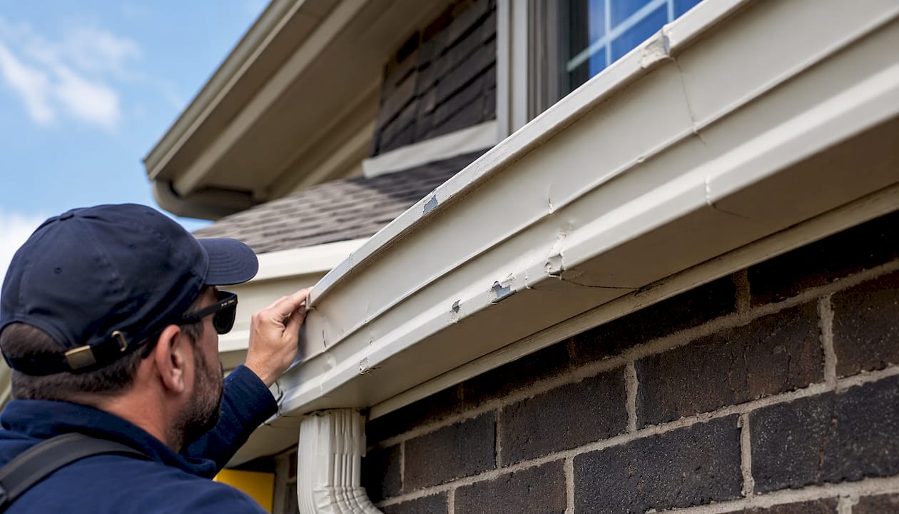 Dented gutter section with paint chipping