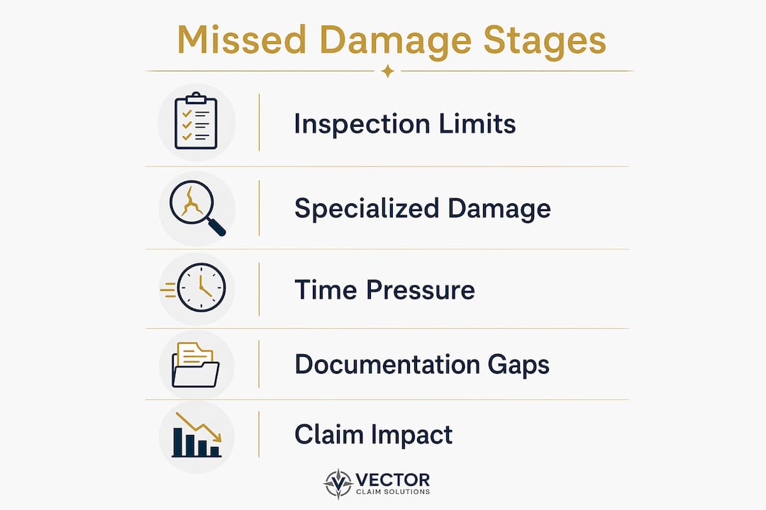 Vertical flow infographic outlining missed damage stages