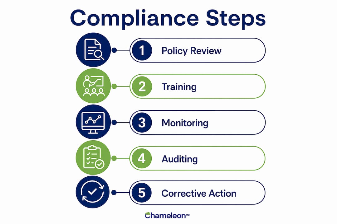 Infographic illustrating key healthcare compliance steps