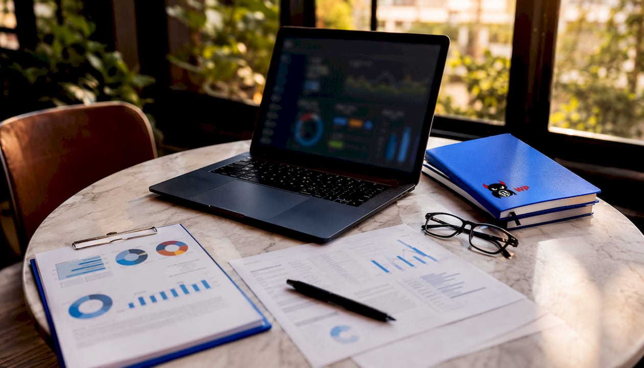 SEO audit reports and laptop on office desk