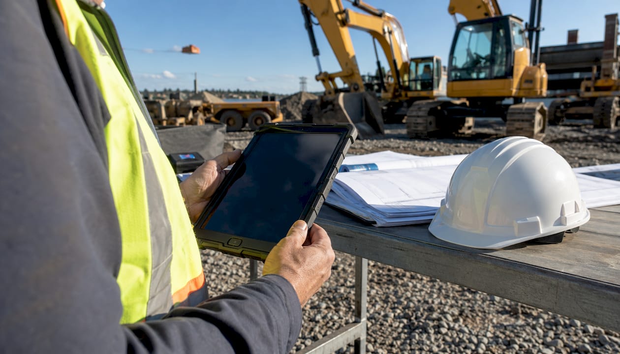 Hands typing on tablet at construction site office
