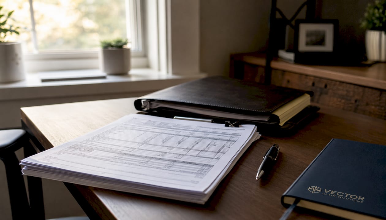 Overhead view of contractor documentation on desk