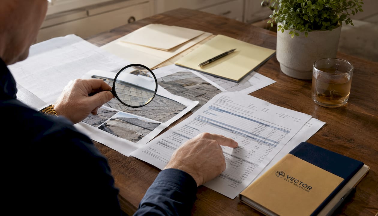 Adjuster hands examining damage documents with magnifier