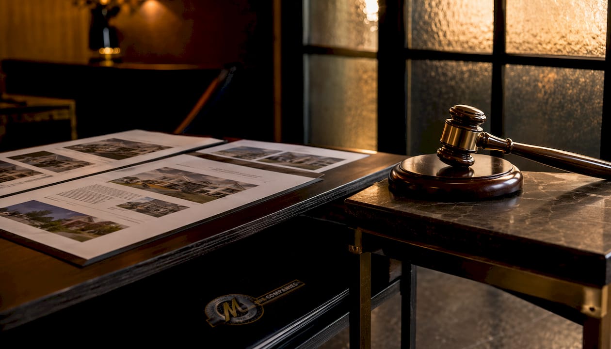 Conference room with auction gavel and presentation setup