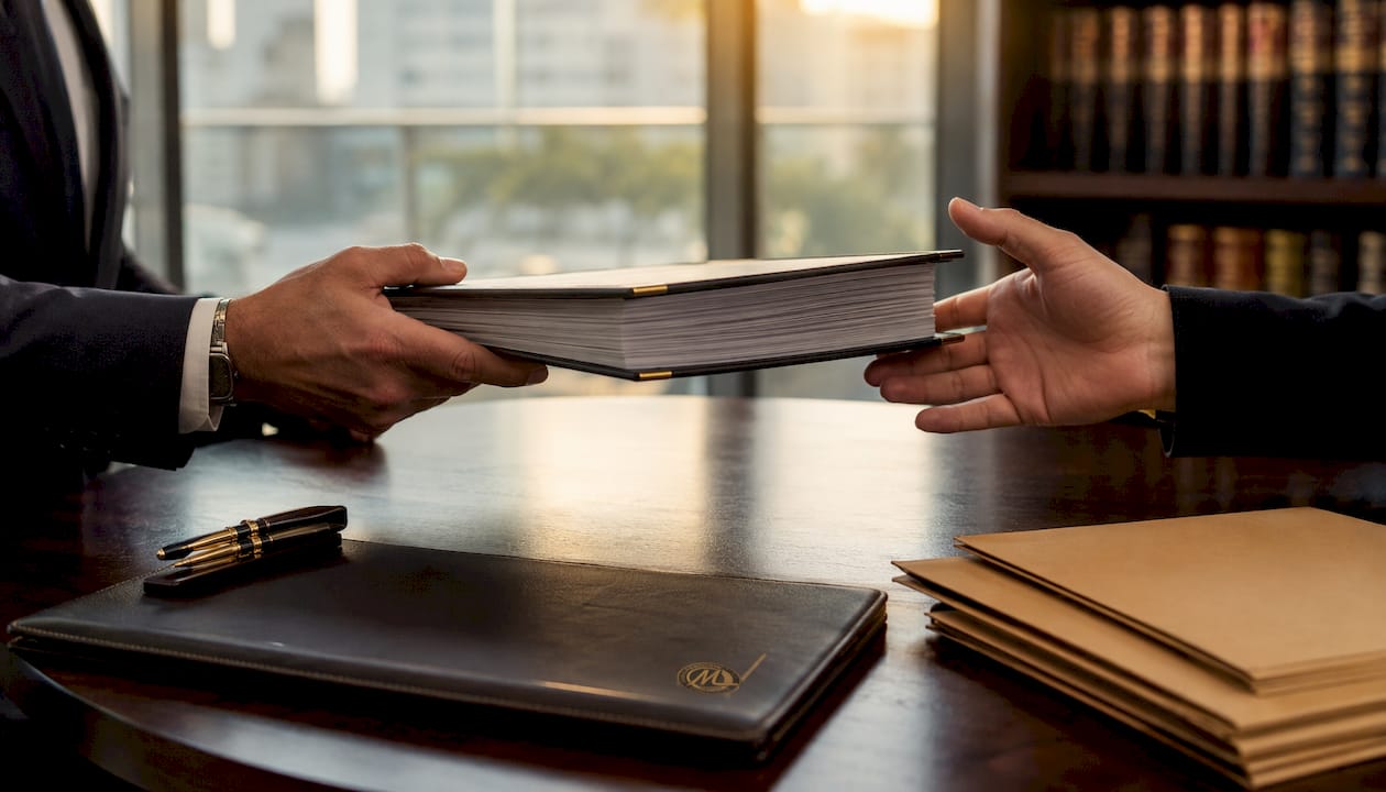 Hands exchanging legal dossier at desk