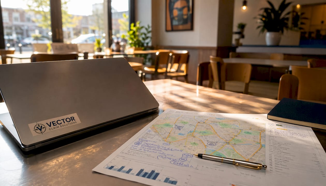 Overhead view of a desk with route planning documents