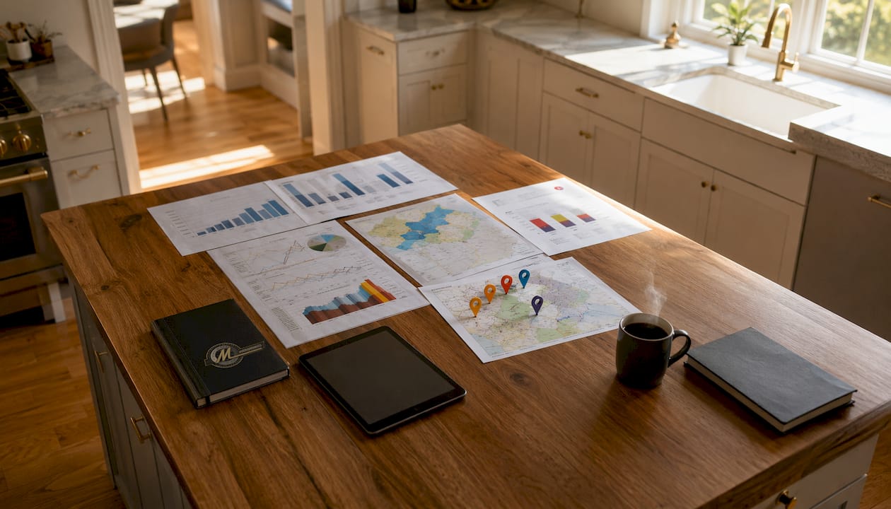 Meeting room with real estate maps and tablets