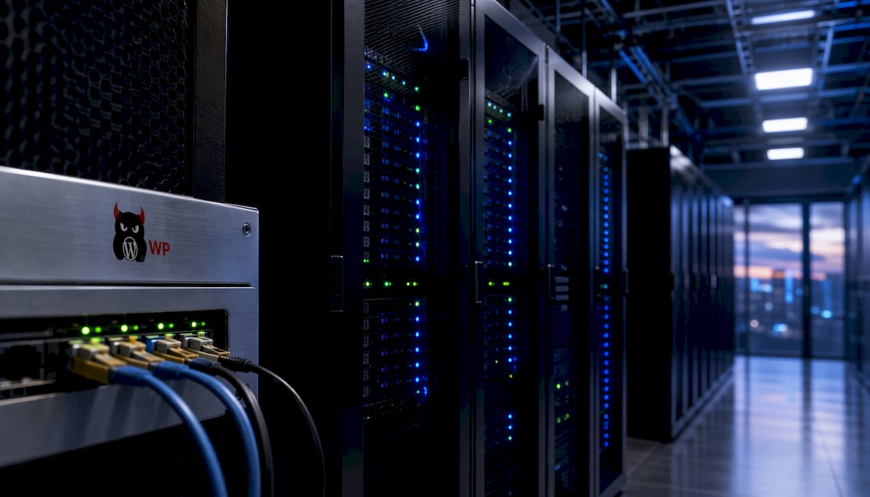 WordPress technical complexity shown by server racks