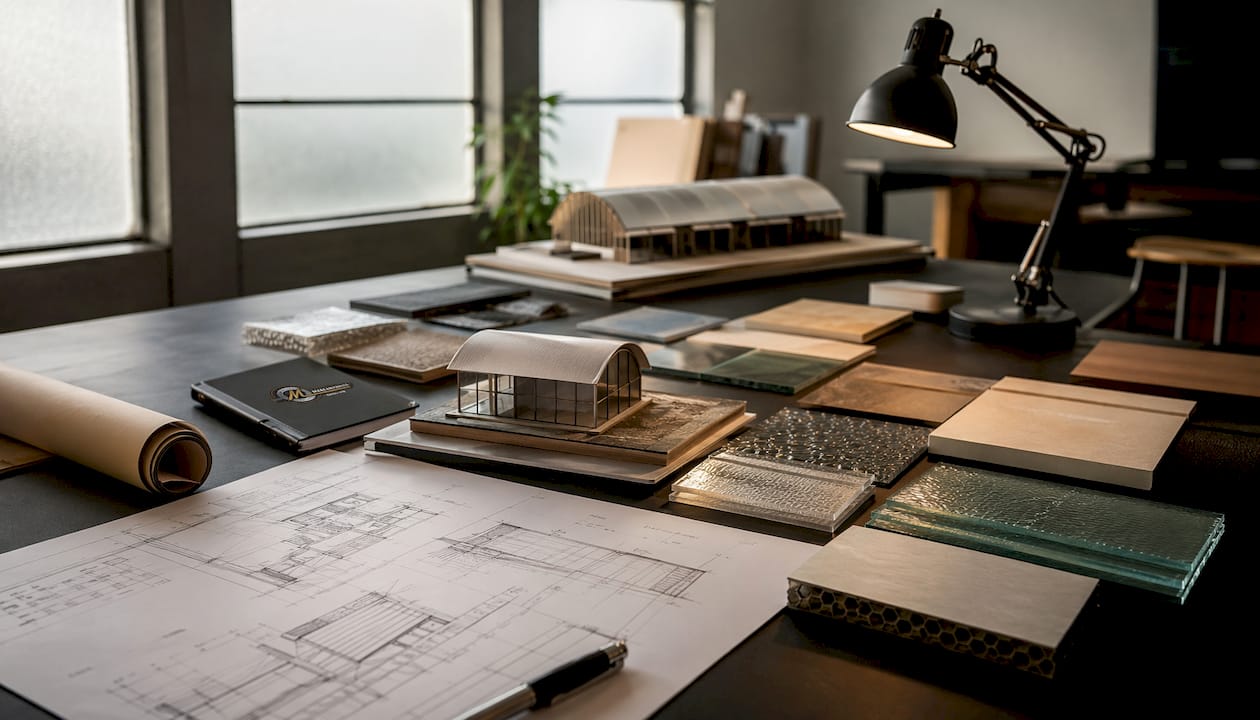 Engineering desk with shelter prototypes and materials