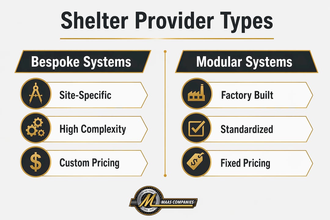 Infographic comparing bespoke and modular shelter providers