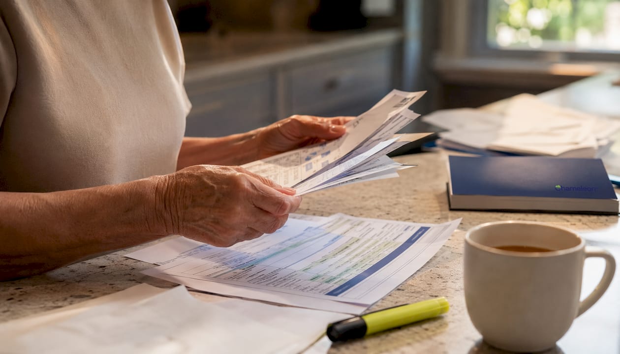 Hands holding hospital bills and charity care forms