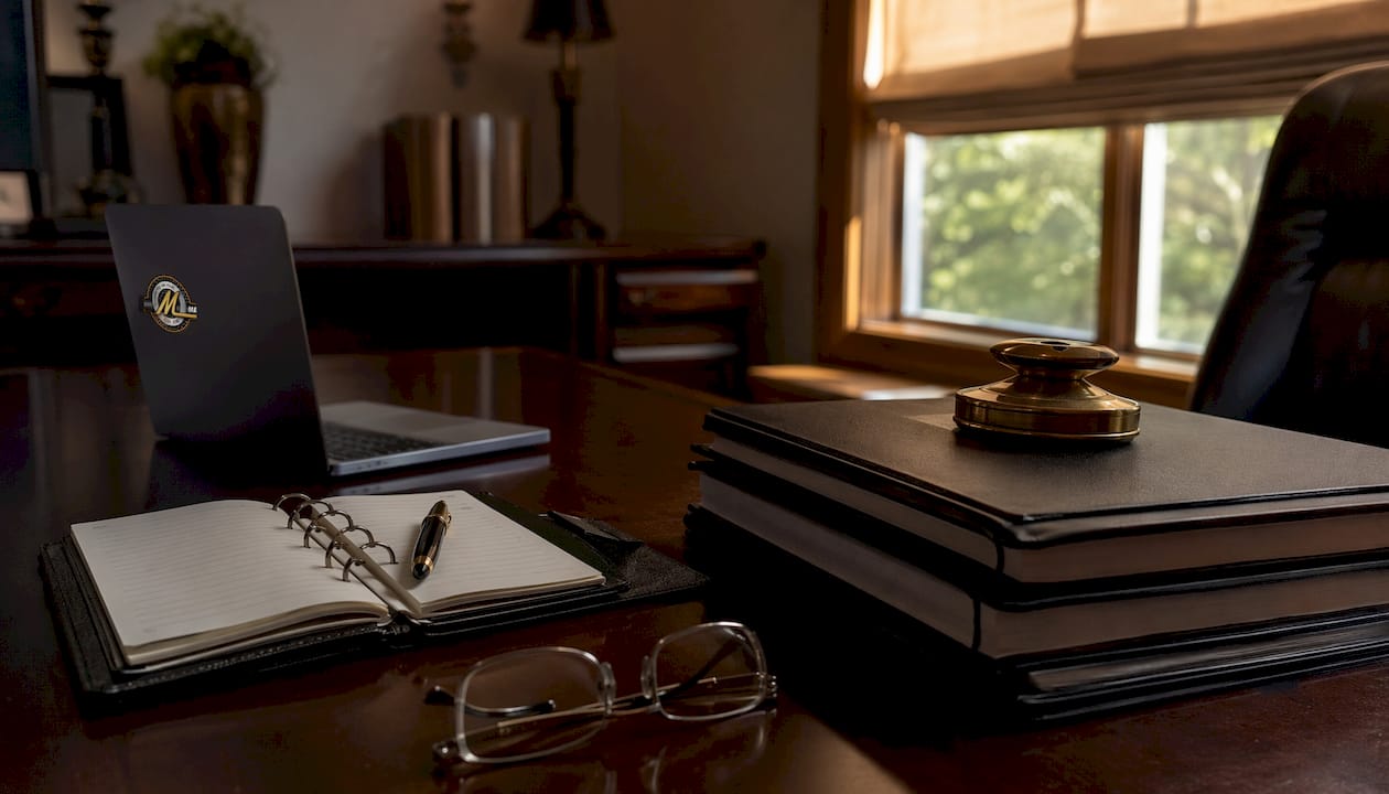 Organized desk with legal contracts and planner