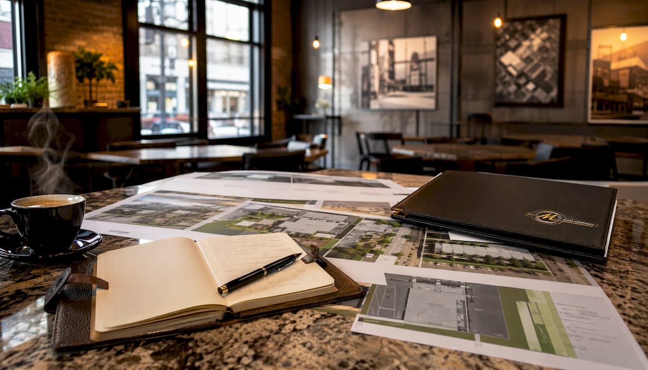 Commercial property documents and plans on desk