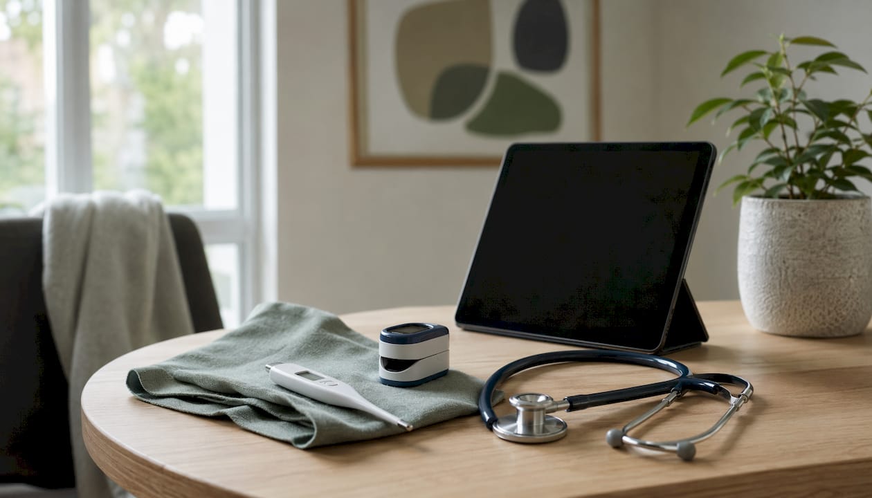 Close-up of telehealth medical devices on home bedside table