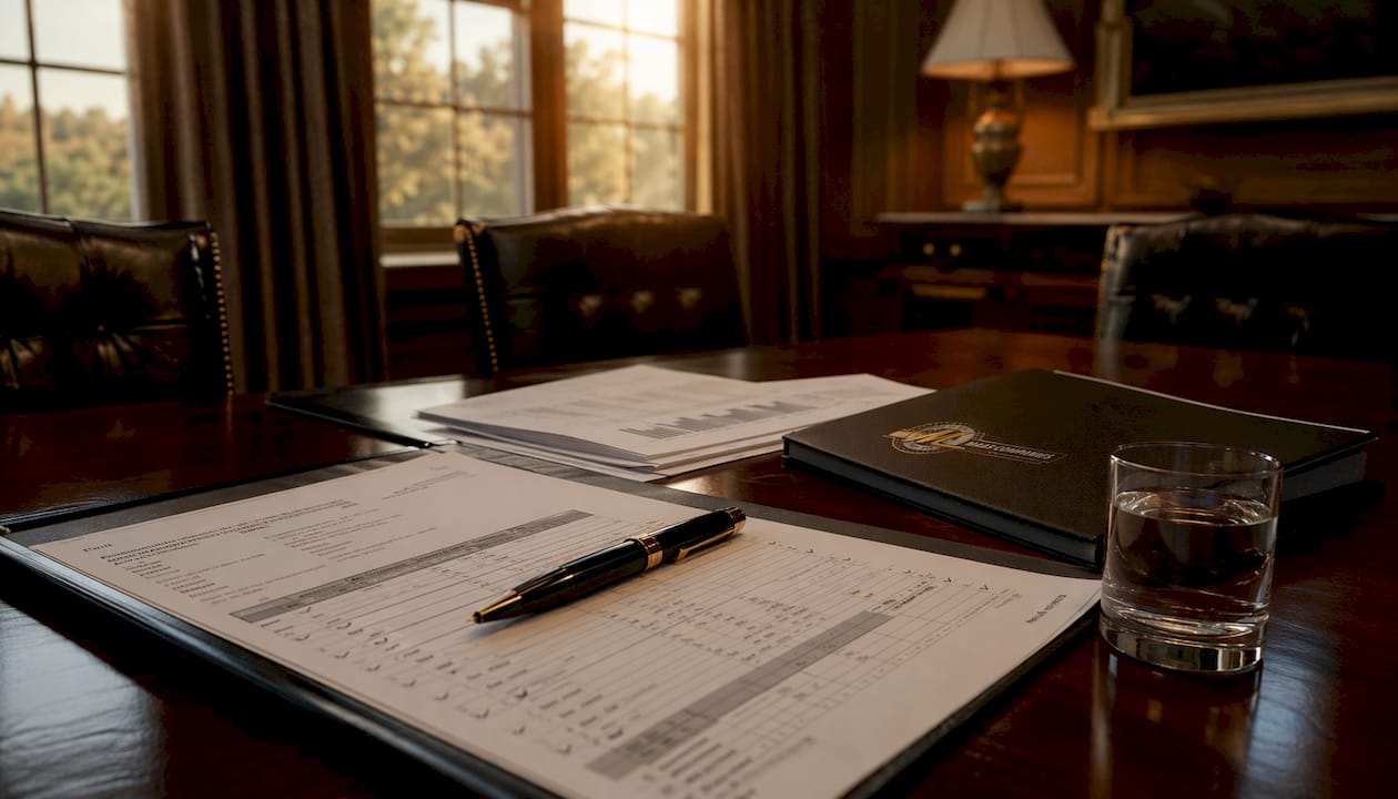 Compliance checklist and documents on conference table
