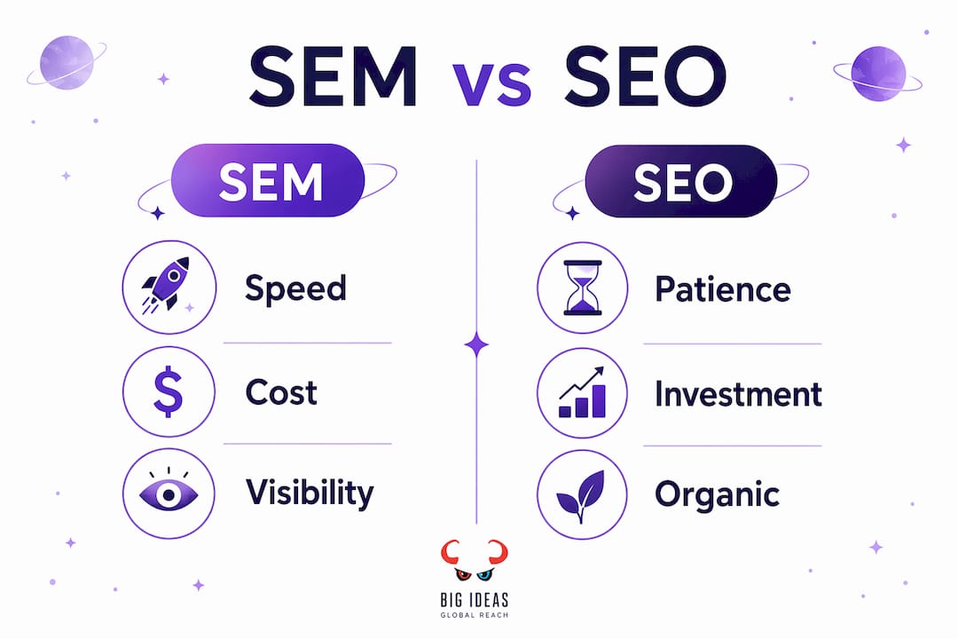 Infographic comparing SEM and SEO key aspects