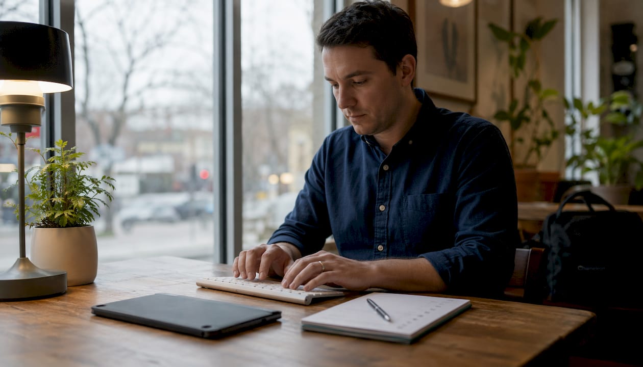 Hands typing on keyboard next to tablet and checklist