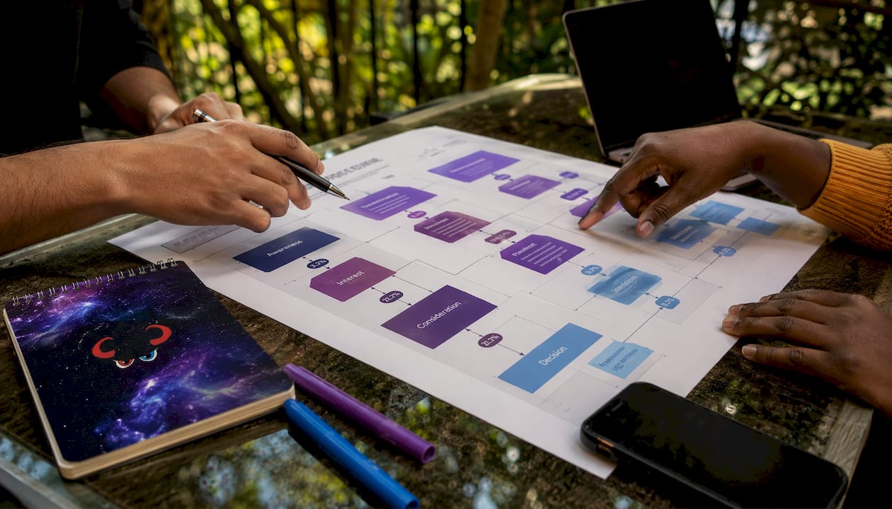 Hands pointing at revenue engine flowchart on table