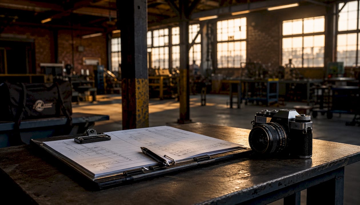 Industrial warehouse interior with inspection tools