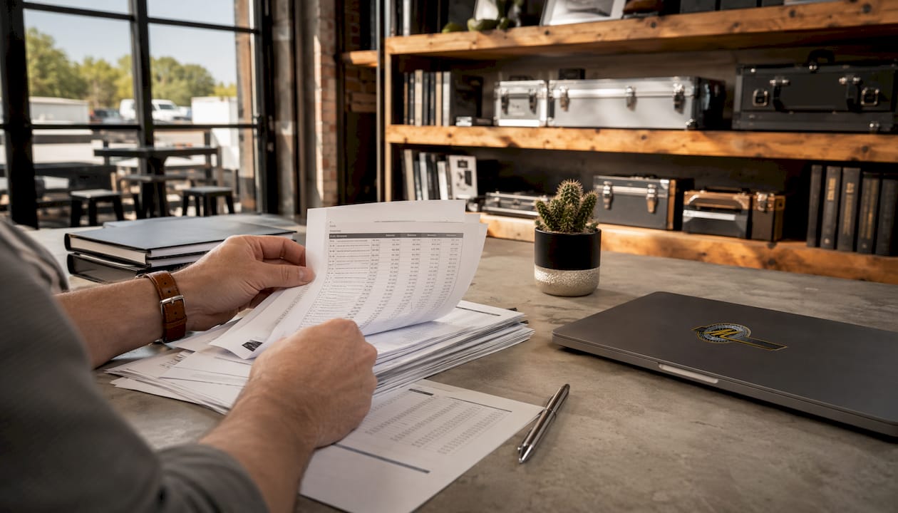 Hands sorting documents in industrial office