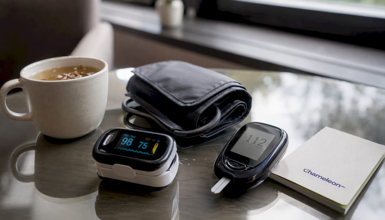 Close-up of remote patient monitoring devices on desk