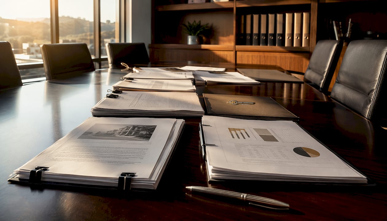 Real estate asset disposal legal documents flat lay