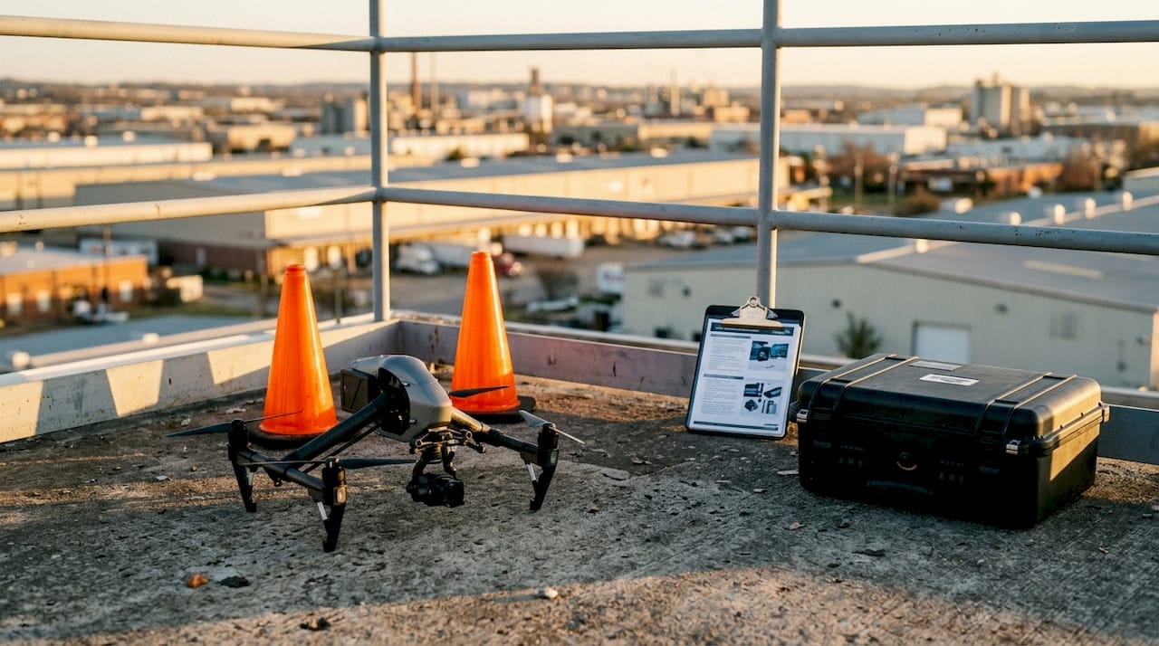 Drone setup and marketing materials on city rooftop