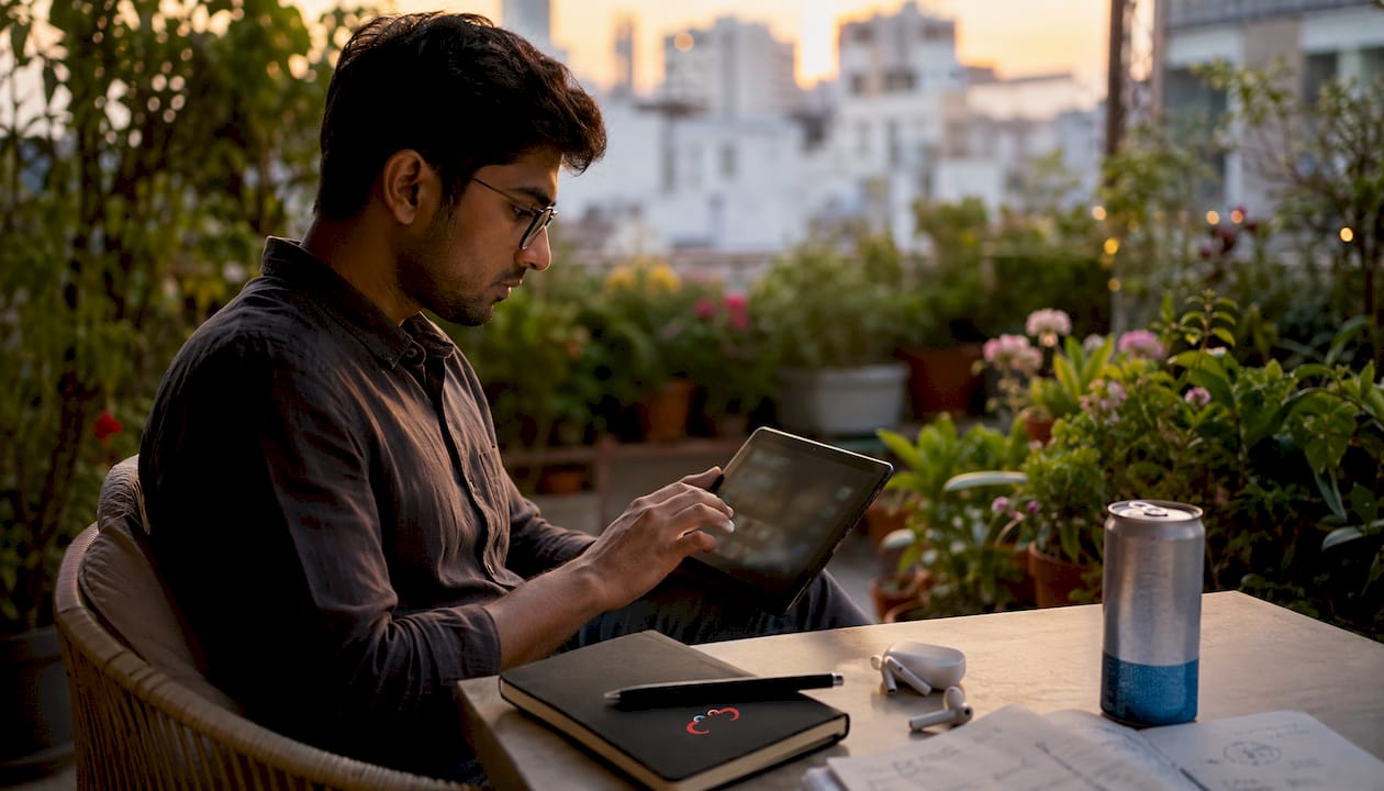 Analyst reviewing mobile site performance outdoors