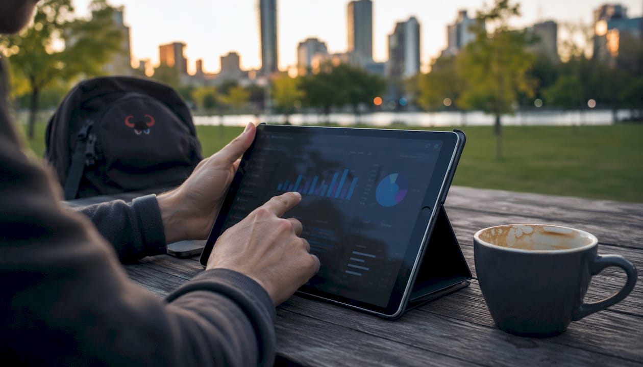 Hands interacting with smartphone and laptop