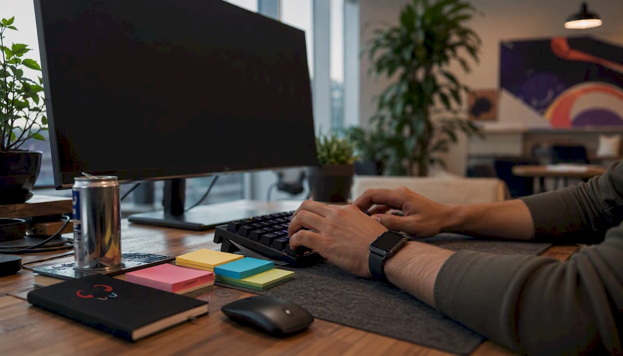 Hands typing on keyboard in workspace