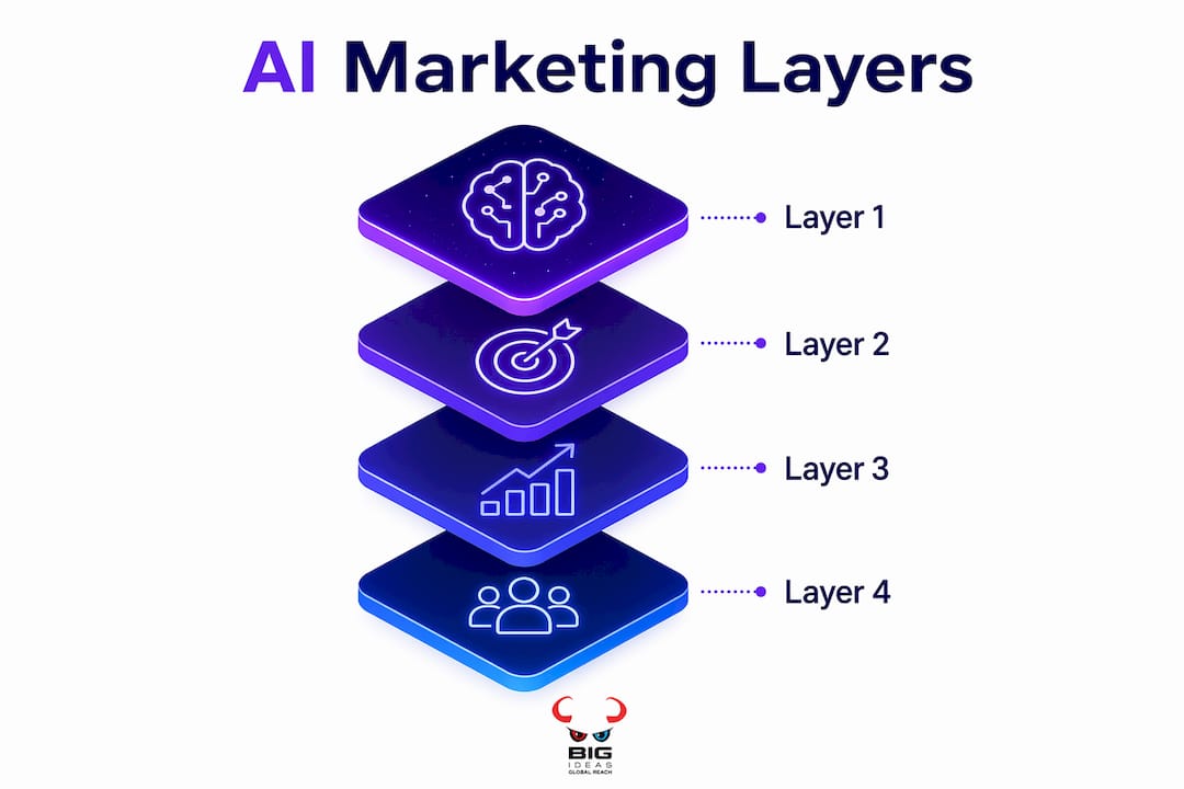 Infographic illustrating AI marketing workflow layers