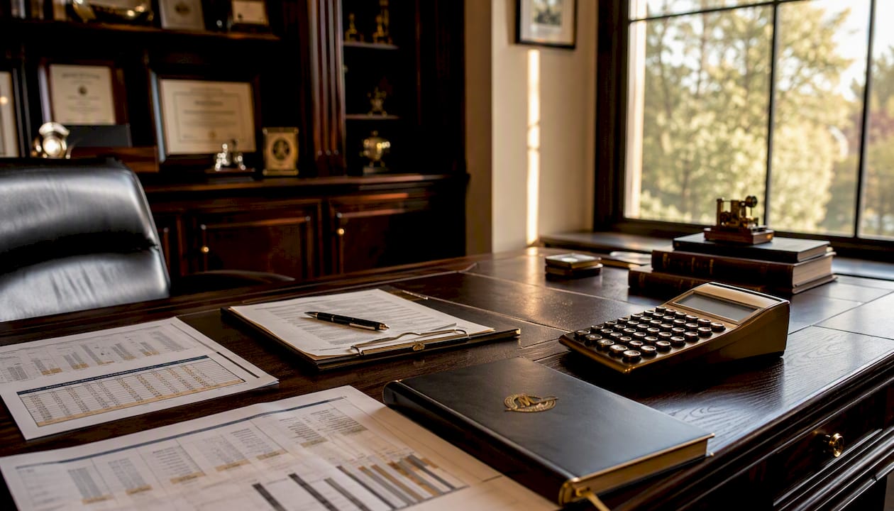 Desk with spreadsheets, calculator, and writing tools